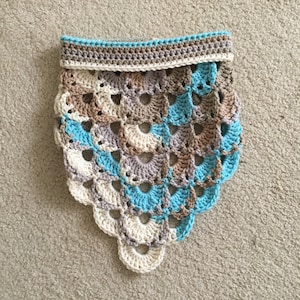 Handmade Crochet Triangle Cowl: Beige, Teal, and Grey Scarf