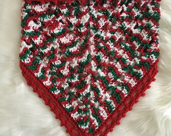 Crochet Triangle Cowl: Holiday Red, Green, and White Bandana Scarf
