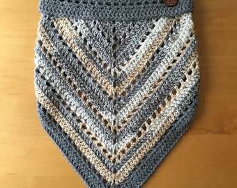Hand Crocheted Triangle Cowl: Variegated Gray Tan White Bandana Scarf
