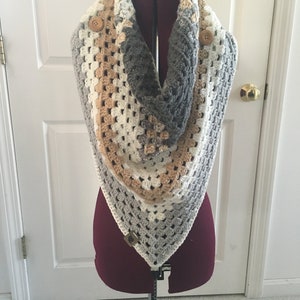 Neutral tone handmade crochet triangle scarf/wrap - button scarf - ready to ship - gifts for her - timeless style scarf