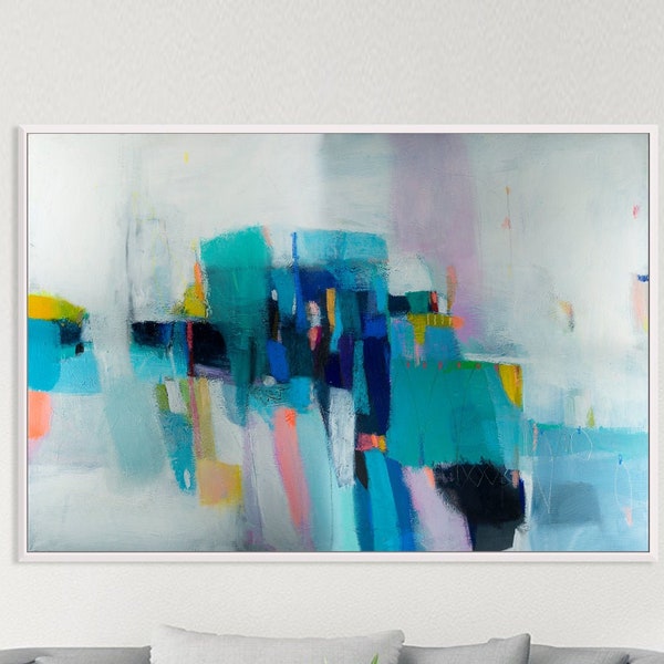 Blue fluorite abstract art print, Textured painting geometric abstract painting print, Blue wall art