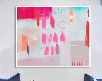 May include: Abstract painting with pink, red, and blue shapes on a white background. The painting is framed in a white frame and is hanging on a white wall.