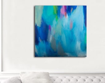 Turquoise Blue Abstract Painting: Large Impressionist Canvas Art