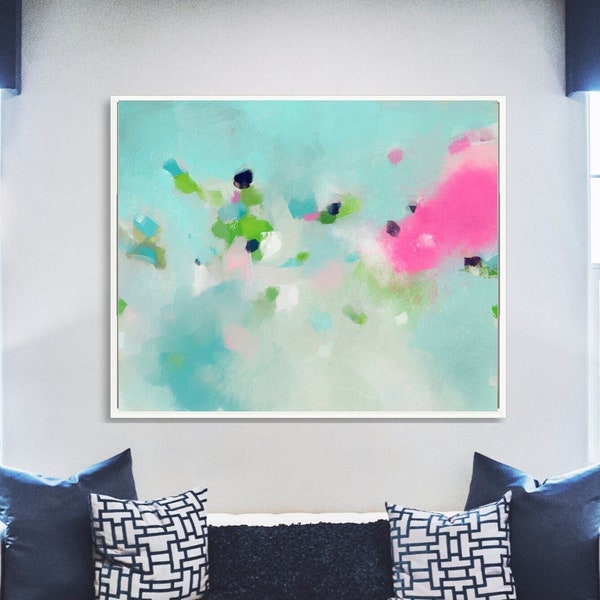 Impression d'art mural abstrait vert lime et rose chaud, Téléchargement numérique Peinture abstraite vibrante