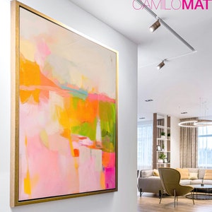 Stampa su tela di un dipinto astratto luminoso rosa colorato, stampa artistica da parete rosa extra large, paesaggio astratto moderno per l'arredamento del soggiorno