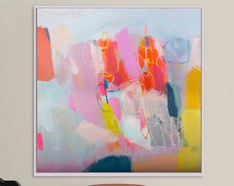 Large colorful original abstract painting on canvas, modern pop art apartment above bed decor