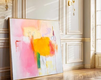 Yellow Abstract Wall Art Print, White Colorful Painting, Large Modern Giclee Art