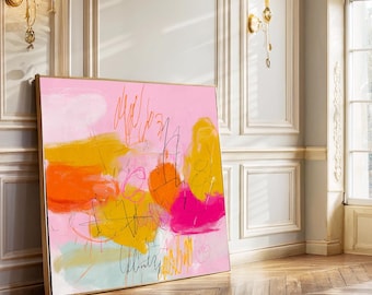 Vibrant Abstract Canvas Print with Pink, Orange, Mustard Tones