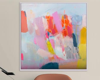 Large colorful original abstract painting on canvas, modern pop art apartment above bed decor