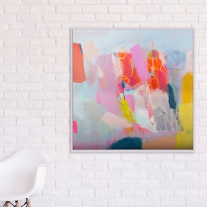 Minimalist decor with a colorful abstract painting by Camilo Mattis