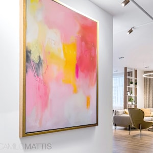 Pink minimalist abstract art print, modern abstract painting, pink and yellow wall decor,  trendy wall art.