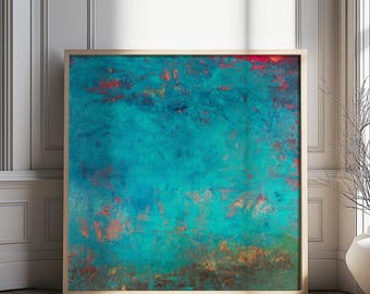 Teal original abstract painting, large crylic artwork on canvas, 36x36"  Large bold wall art