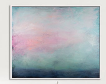 Teal Abstract Painting on Canvas, clouds acrylic painting print, Abstract Ocean Painting print, Ready to hang