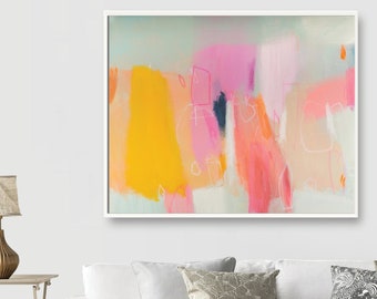 Yellow and pink abstract art print oversized wall art extra large wall print graffiti wall art