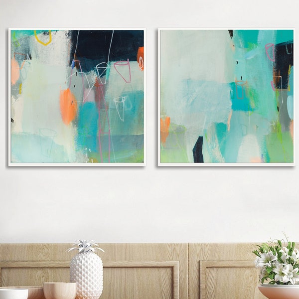 Original abstract art set teal wall art Set of 2 geometric colorful wall art paintings painting abstract by Camilo Matiz