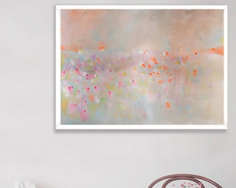 Abstract landscape painting, pastel colors art, pink, beige and orange