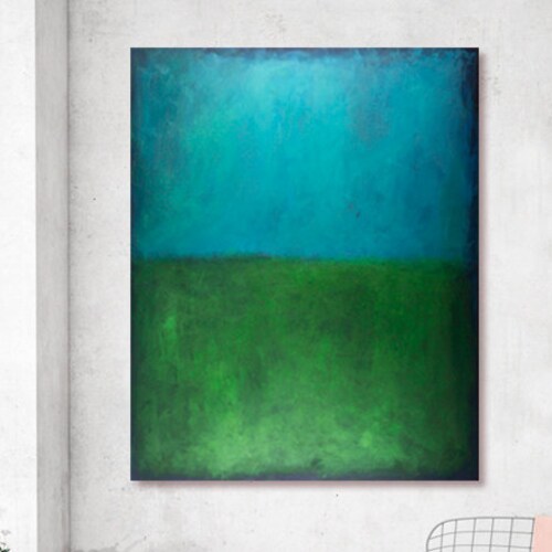 Original Blue Wall Art Acrylic Painting Minimalist Art Green Etsy