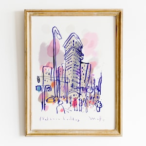 NCY city sketch fine art print, flatiron building of hand drawing watercolor ink, A3, wall art print livingroom decor
