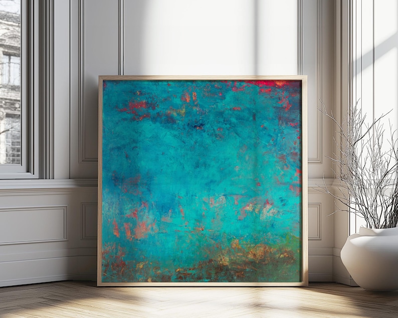 Teal original abstract painting, large crylic artwork on canvas, 36x36" Large bold wall art image 1