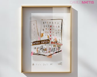 Katz's Deli NYC Wall Art New York City Watercolor Sketch, Café Decor, Travel Art