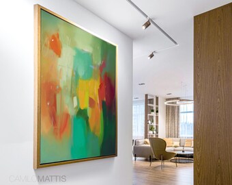 Teal Abstract Art Print: Large Green Canvas Painting