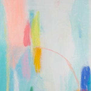 a painting of a white, blue, pink, yellow, and green color scheme