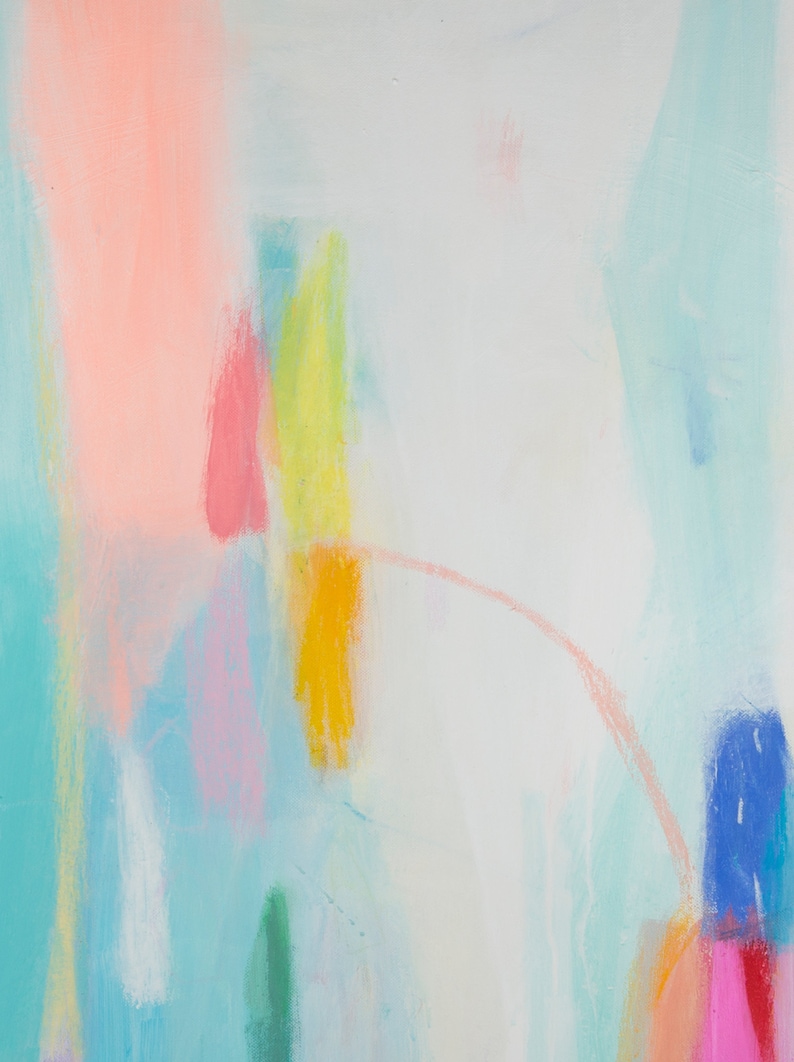 a painting of a white, blue, pink, yellow, and green color scheme