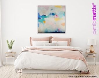 Blauwe abstracte canvasprints, kleurrijke extra grote muurkunstprint