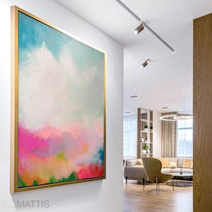 Colorful abstract clouds painting, Bright, vivid print, multicolor abstract funky wall art, modern wall office decor