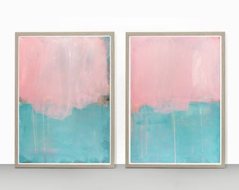 Pink print set canvas wall art - Teal abstract art set