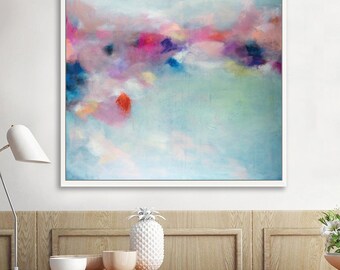 Blush pink extra large abstract print, turquoise livingroom wall art by Camilo Mattis
