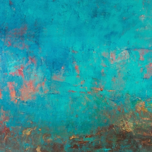 May include: Abstract artwork with a textured surface. The painting showcases a mix of turquoise, teal, and blue tones, with touches of orange and brown. The brushstrokes create depth and movement, suggesting a landscape or atmospheric effect.