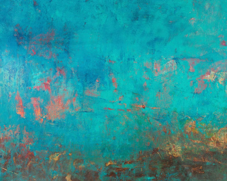 May include: Abstract artwork with a textured surface. The painting showcases a mix of turquoise, teal, and blue tones, with touches of orange and brown. The brushstrokes create depth and movement, suggesting a landscape or atmospheric effect.