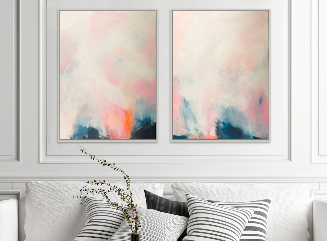 Pink and Blue Extra Large Wall Art Set, Modern Wall Art, Set of 2