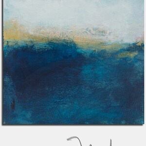 May include: Abstract painting of a seascape with a blue and teal color scheme. The top of the painting is a light blue with a hint of gold. The bottom of the painting is a deep blue. The painting is signed "matte" in the bottom right corner.