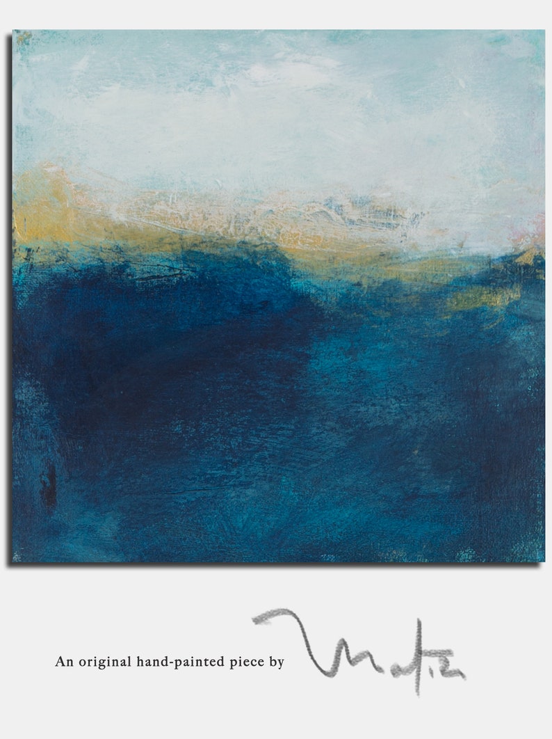 May include: Abstract painting of a seascape with a blue and teal color scheme. The top of the painting is a light blue with a hint of gold. The bottom of the painting is a deep blue. The painting is signed "matte" in the bottom right corner.