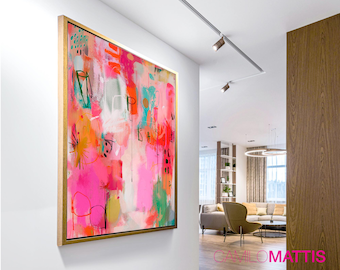 Abstract urban wall art, bold pink, orange, and green poster, graffiti style