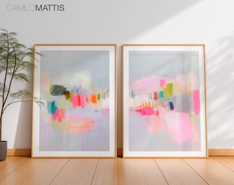 Set of 2 Abstract Prints – Large Modern Minimalist Canvas, Neutral Gray & Pink Painting