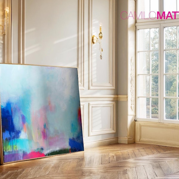 Teal blue abstract landscape wall art print, Pink kitchen decor poster
