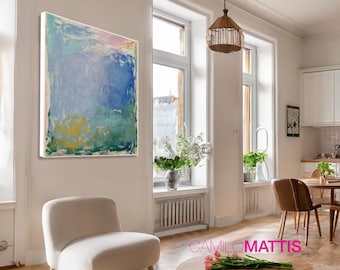 Impressão em tela abstrata em tons de verde e azul: Arte de parede moderna com paisagem