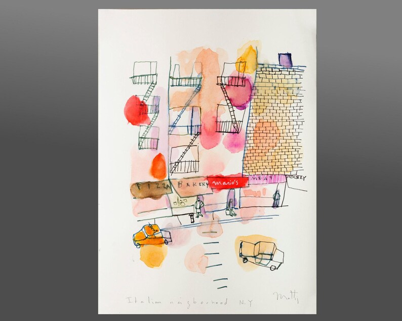 Detail of a New York fine art building sketch drawing print, A3, wall art print livingroom decor