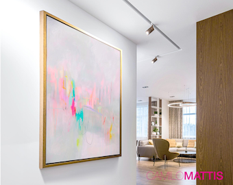 Gray canvas abstract wall art print, pink and mint, Bright multicolor large poster