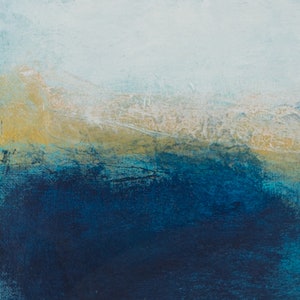 May include: Abstract painting with a blue and yellow color scheme. The painting has a textured surface and a horizontal composition.