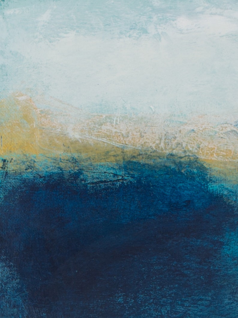 May include: Abstract painting with a blue and yellow color scheme. The painting has a textured surface and a horizontal composition.