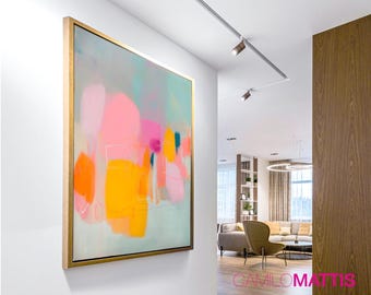 Yellow abstract art print and light pink, Extra large wall print, Canvas minimalist decor
