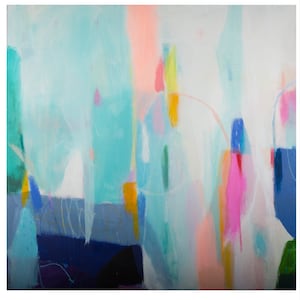 an abstract painting with blue, pink, yellow, and green colors