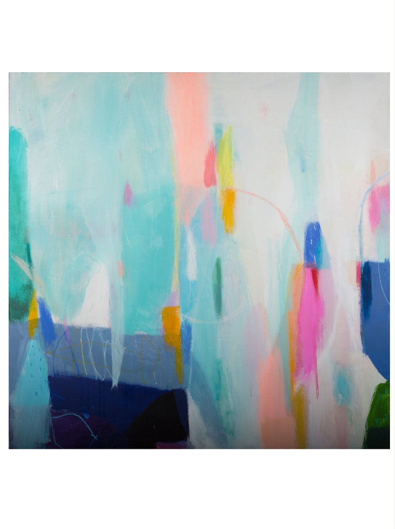 an abstract painting with blue, pink, yellow, and green colors