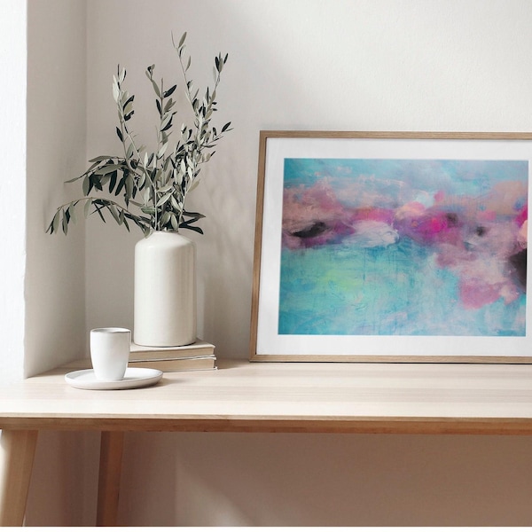 Lámina abstracta en rosa palo y verde azulado: Obra de arte mural moderna de gran formato de Camilo Mattis.