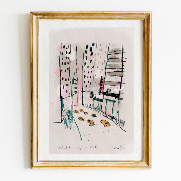 Dibujo de boceto de Nueva York, impresión de ciudad de bellas artes, A3, decoración de sala de estar de arte de pared por Camilo Mattis