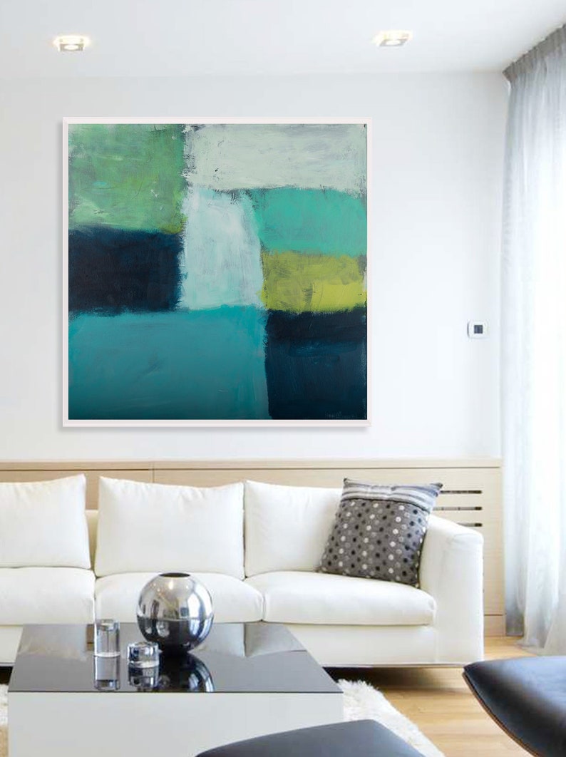 Large Teal Canvas Art Abstract Painting Teal Wall Art Decor Etsy